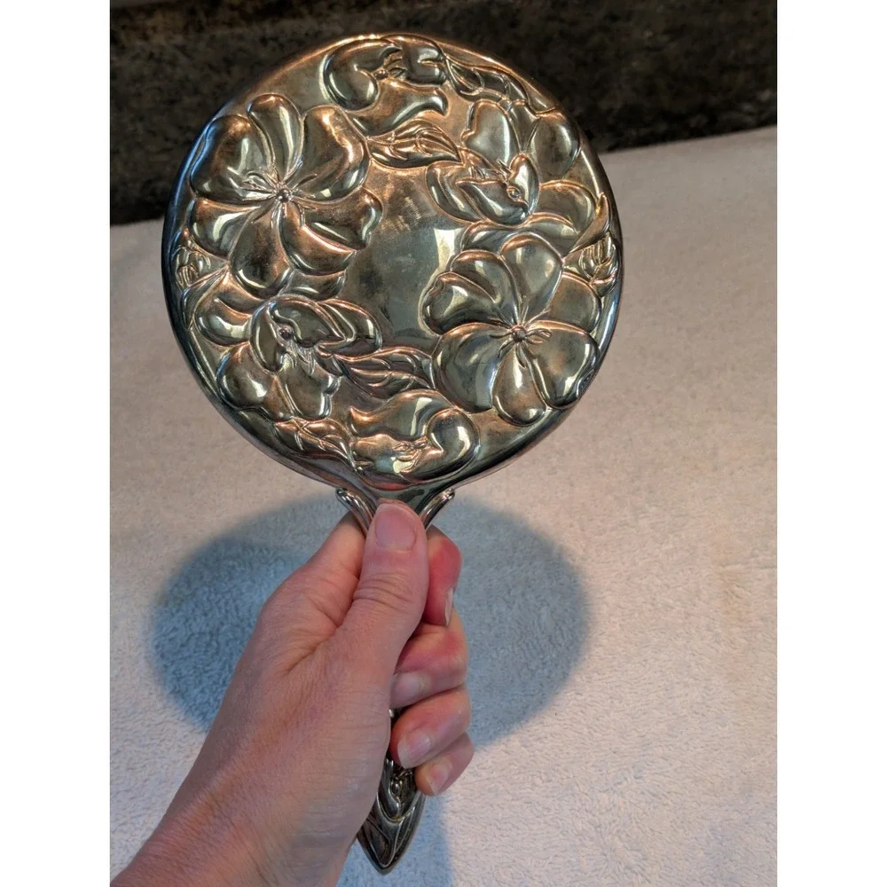 Vintage Antique Art Nouveau Silver Hand Mirror Embossed Flowers  Tiffany ? Heavy